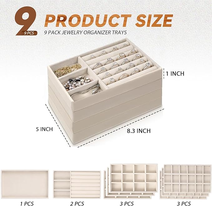 9 Pcs Velvet Jewelry Tray, Stackable Jewelry Organizer, Necklace Bracelet Display Tray, Jewelry Storage Inserts Set for Dresser & Vanity (9)