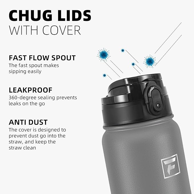 Fanhaw 32 oz Insulated Stainless Steel Water Bottle with Anti-Dust Chug Lid, Leakproof Vacuum Sports Bottle for Men & Women (Gray)