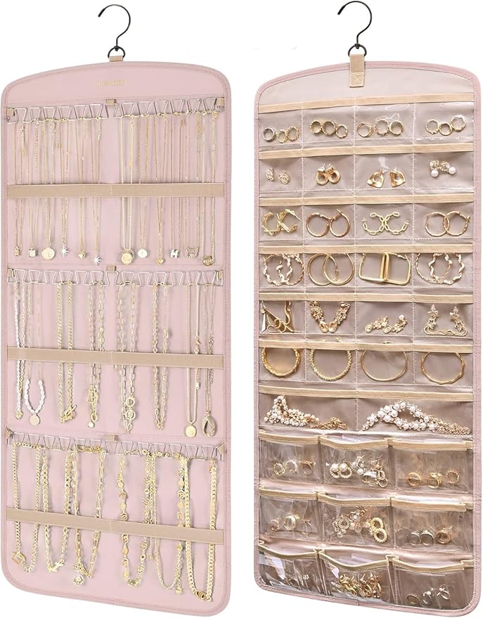 Hanging Jewelry Organizer Storage Roll with Hanger Metal Hooks Double-Sided Jewelry Holder for Earrings, Necklaces, Rings on Closet, Wall, Door 33 * 14IN (Pink)