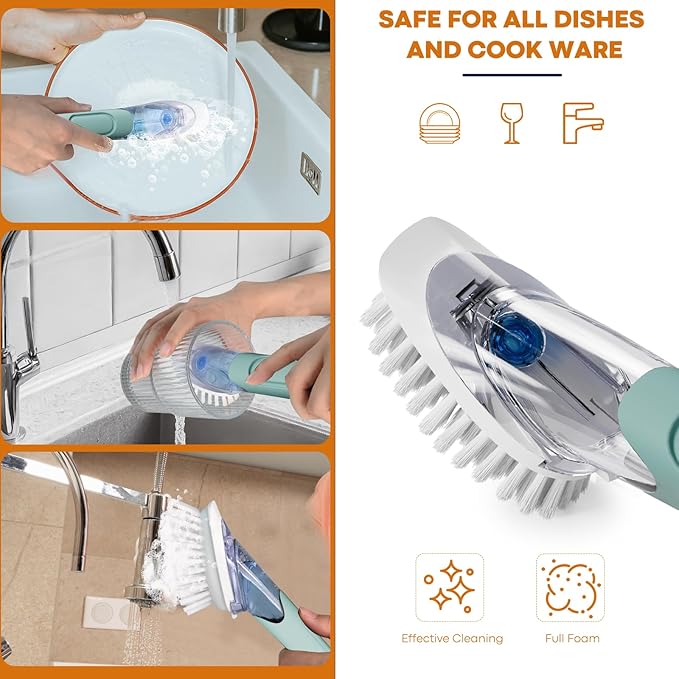 RIMAY Dish Brush with Soap Dispenser, Dish Washing Brush with Handle, Soap Dispensing Dish Brush, Soap Brush for Kitchen Sink, Dish Wand Kitchen Brushes for Dishes/Pans/Pots/Sink (Blue)