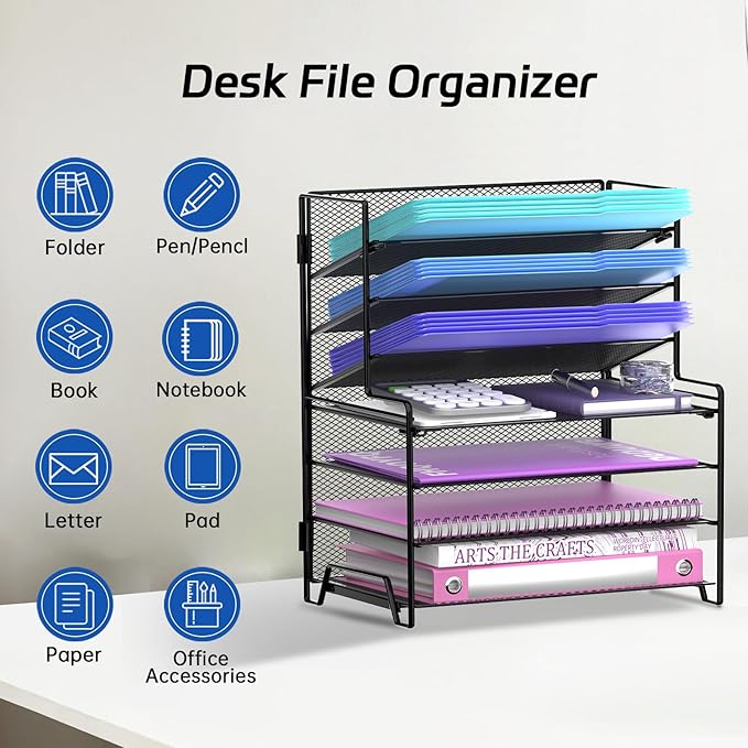 7 Tier Desk File Organizer, Letter Tray Paper Organizer, Metal Desktop Organizers and Accessories for Study and Workspace, for Home Office, Black