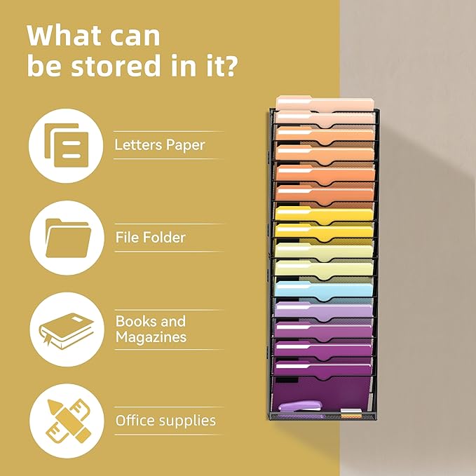 SUPEASY 16-Tier Hanging Wall File Holder Organizer for Papers, Folders, Files Clipboard & Magazine Organization Great for Office Home, Assembly Needed, Black