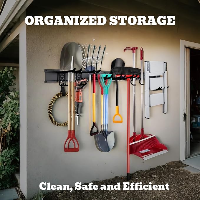 SEDY 64" Heavy Duty Garage Storage Tool Organizer Wall Mount - Tool Rack with Adjustable Hooks, Anti-Rust, 300lbs Capacity - Easy Installation (10 Hooks, 4 Rails, 3 Straps)