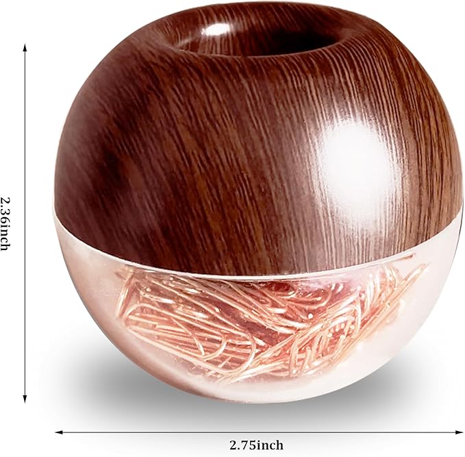 Walnut Wood Paper Clip Holder , Wooden Magnetic Paper Clip Dispenser with Rose Gold PaperClips 100pcs 28mm(1.1") Cute Office Supplies for Desk Organizer