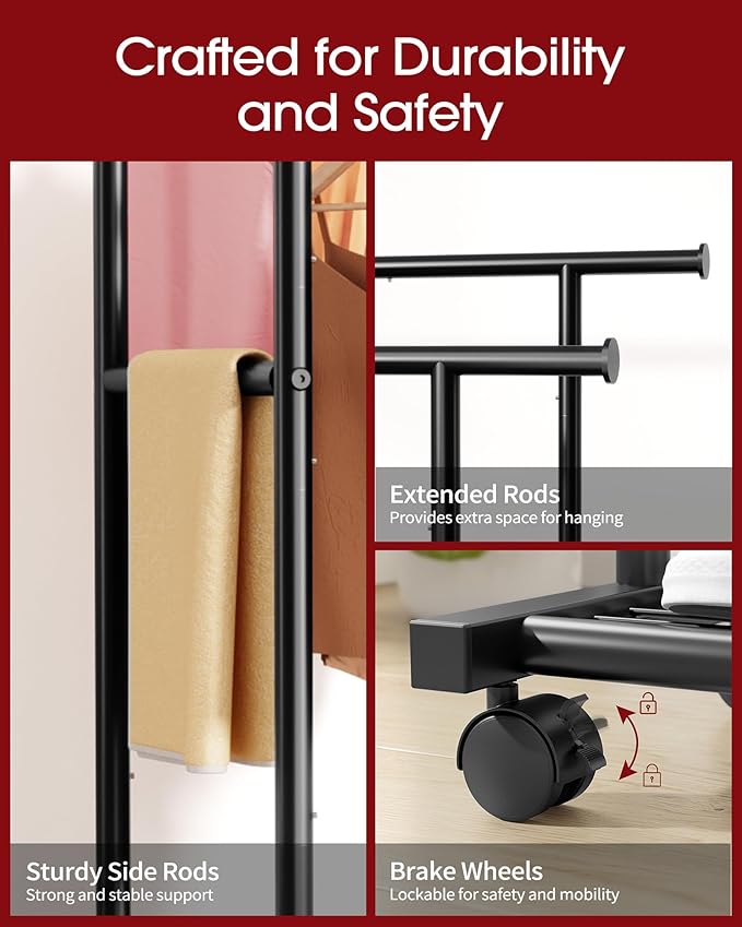 Metal Clothes Rack - Double Rod Clothing Rack with Fixed Extension Rod & Universal Wheels, Coat Rack with Built-In Shelf for Closet Organizers and Storage (38.5" x 16.9" x 59.0", Black)