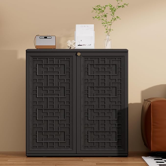 Indoor Outdoor Storage Cabinet Waterproof with Shelf,Plastic Storage Sheds Outdoor Cabinets for Patio/Garden/Backyard, Size 34.3''L*15''W*36.2''H（Black）