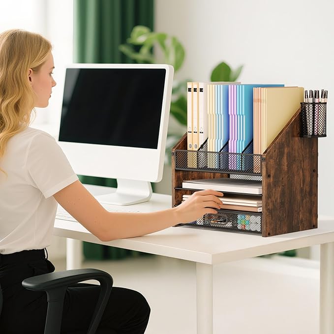 SWTYMIKI Desk Organizer with Drawers - Mesh and Wood Desk File Organizer with Pen Holders, 4-Tier Paper Organizer for Office Organizer and Accessorie, School and Home Storage, Espresso