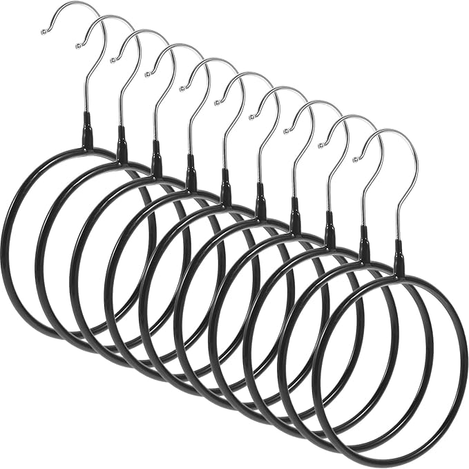 Uonlytech 10pcs Large Non-Slip Stainless Steel Ring Hangers Belt Organizer Scarf Holder Closet Clothing Rack for Tie Storage Black Coated Multi-Functional Accessories Organizer