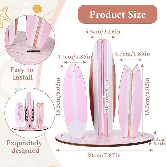 DIVINA VITAE Jewelry Organizer Stand, Cute Coastal Ocean Surfboard Decor, Preppy Beach Themed Room Decor Aesthetic, Coastal Dedroom Decoration Wooden Hawaii Surfer Gift for Teen Girls(Pink)