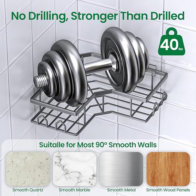 Adhesive Shower Caddy, 4 Pack Corner Bath Organizer, Rustproof Stainless Steel Shower Shelves with Large Capacity, No Drilling Shelves for Bathroom Storage, Home, Kitchen Decor (Dark Grey).
