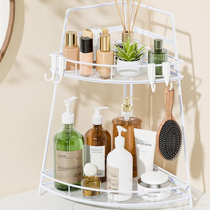 VITVITI 2 Tier Corner Bathroom Counter Organizer, Metal Bathroom Countertop Organizer Shelf Storage, Bath Room Sink Makeup Organizers for Vanity Perfume Skincare with Hooks, White