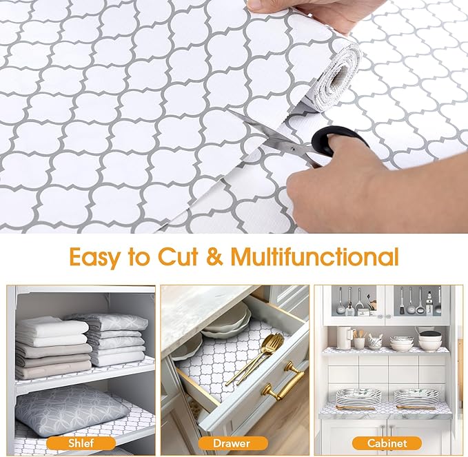 Shelf and Drawer Liner for Kitchen Cabinets Non-Adhesive, Strong Grip Non-Slip Thickened Cabinet Liners for Shelves, Waterproof Mats for Dresser Cupboard, White/Gray, 17 in x 10 Feet
