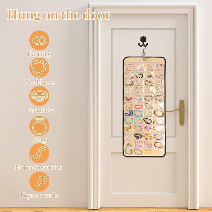 2 Pack Hanging Jewelry Organizer Storage Roll, with 96 Pockets 42 Necklace Hooks 33”x14” Double Sided Wall Mount Earring Holder Large Bracelet Display Hanger Storage Bag for Closet Door