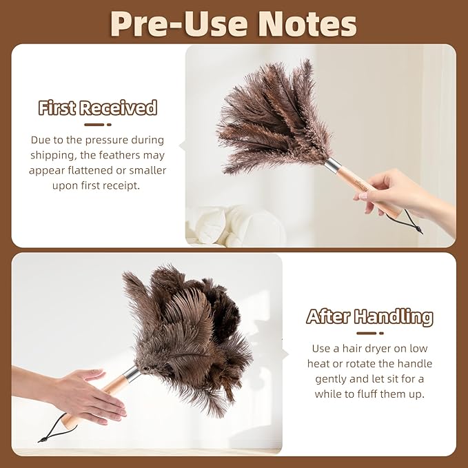2 Pack Ostrich Feather Dusters with Wooden Handle, 13.5 inch Natural Fluffy Feather Dusters for Dusting Home, Car, Delicate Surfaces, Reusable Soft Cleaning Tools for Ledges, Blinds