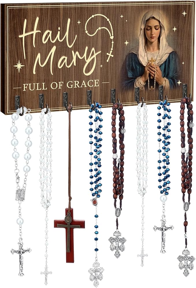 Large Wooden Rosary Holder Wall Mounted with 8 Hangers Catholic Rosary Storage Organizer Decorative Hanger Holder for Necklace, Bracelet Prayer Storage(Classic)