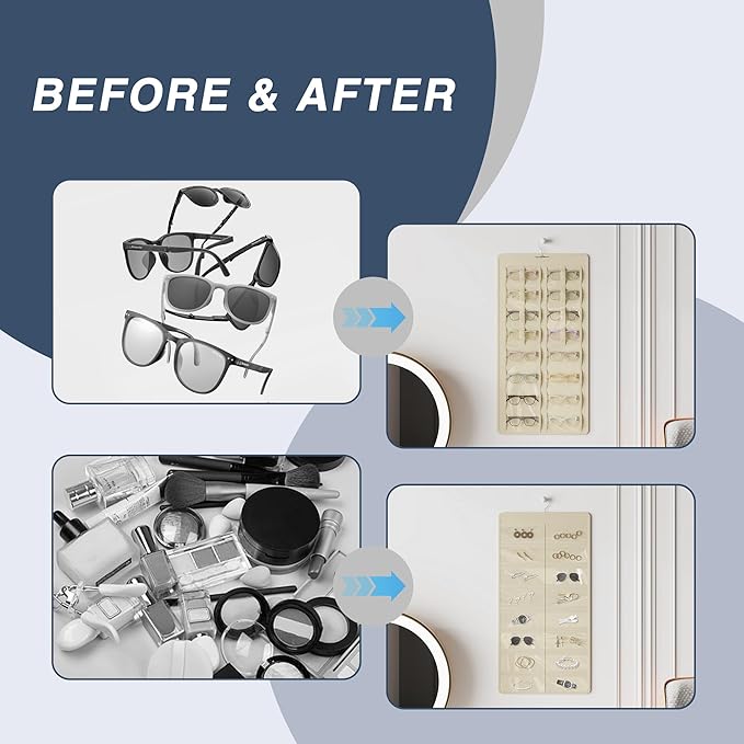 Hanging Sunglasses Organizer and Storage, Dual-Sided Sunglasses Case and Jewelry Holder, Wall-Mounted, 32 Clear Slots, Dust-Proof, Roof Design for Travel, Beige