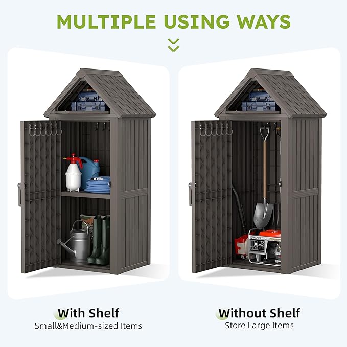 Outdoor Storage Shed - Waterproof Resin Outdoor Storage Cabinet with Removable Shelves & 12 Hooks, Lockable Storage for Garden Tools, Grilling Supplies, Classic Gray