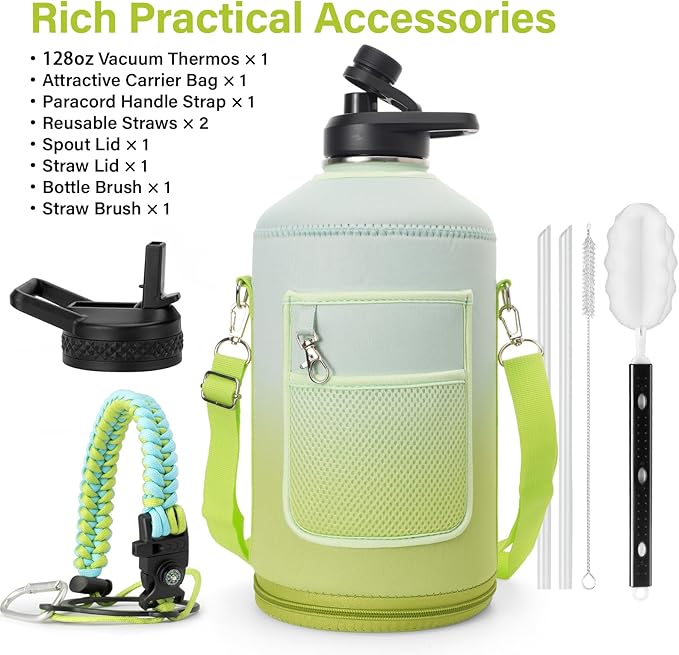 1 Gallon Insulated Water Bottle | Upgraded Thickened Stainless Steel Metal Portable Sports Large Water Jug for Gym and Hiking with Carrier Bag, Handle Strap | BPA-Free 128 oz