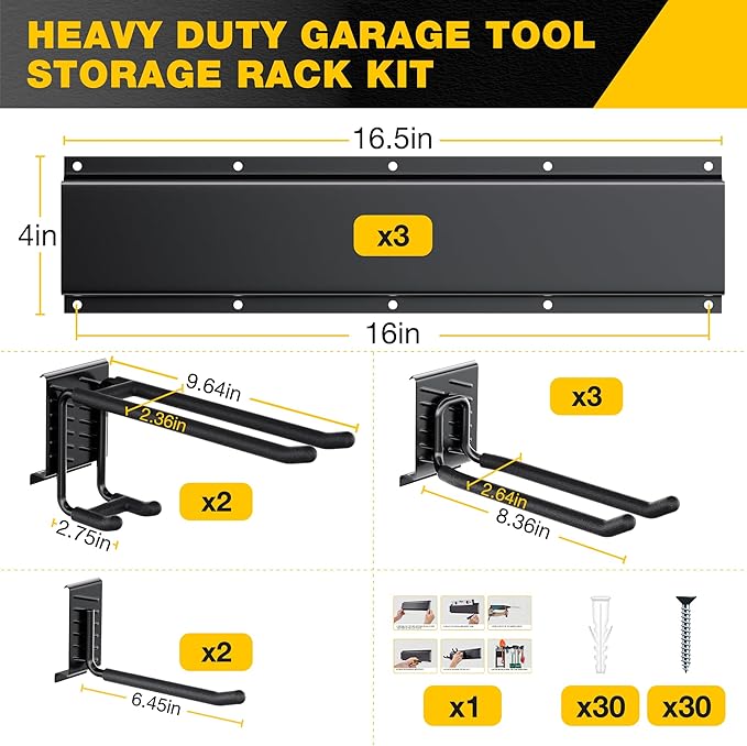 Garage Tool Organizer Wall Mount with 48 inches Rails and 7 Adjustable Heavy-Duty Hooks, Garden Tool Organizer, 10 Pack Carries 440 lbs, Heavy Duty Garage Storage Rack For Yard, Shed, Easy to install