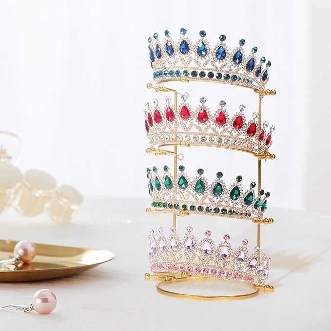 Crown Display Stand, Jewelry Organizer Stand 4-Layer, Metal Necklace Display Holder, Vintage Headband Display, Gold Headdress Storage Rack Display for Crown Hairband Necklace Jewelry