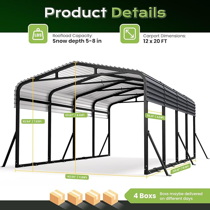 12x20FT Heavy Duty Metal Carport, Outdoor Portable Car Garage w/Reinforced Support Rods & Windproof Ground Anchors, All-Season Versatile Outdoor Shelter for Car Boats Truck