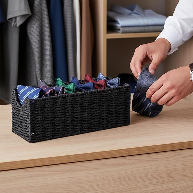 Rattan Belt Organizer for Closet, 6-Compartment Bamboo Tie and Belt Storage Box, Natural Belt & Tie Case Holder for Dresser Drawer-Black