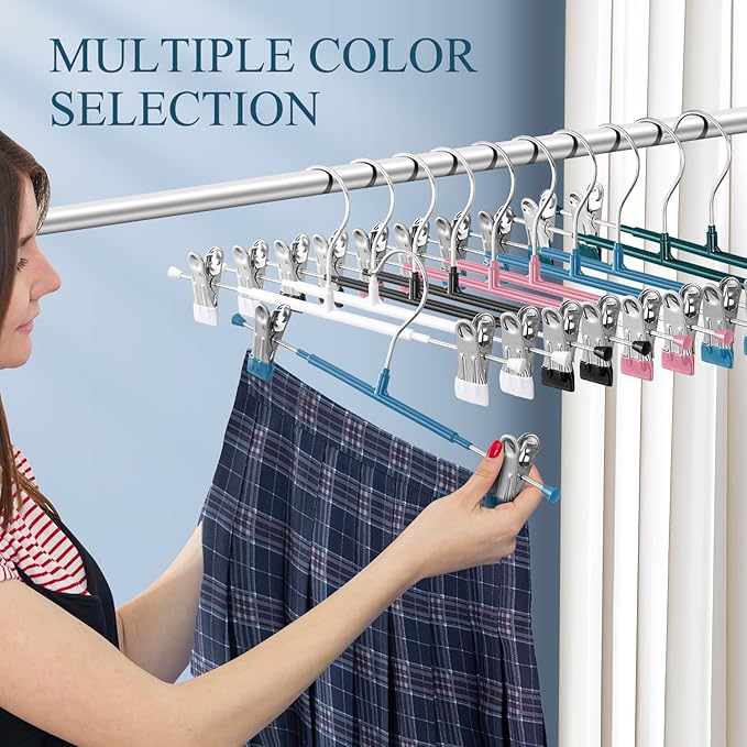 14Inch Blue Pants Hangers with Clips 10 Pack Adjustable Skirt Hangers for Women Non-Slip Trousers Hanger for Jeans Clothes Hangers for Pants Heavy Duty Space Saving Shorts Hangers