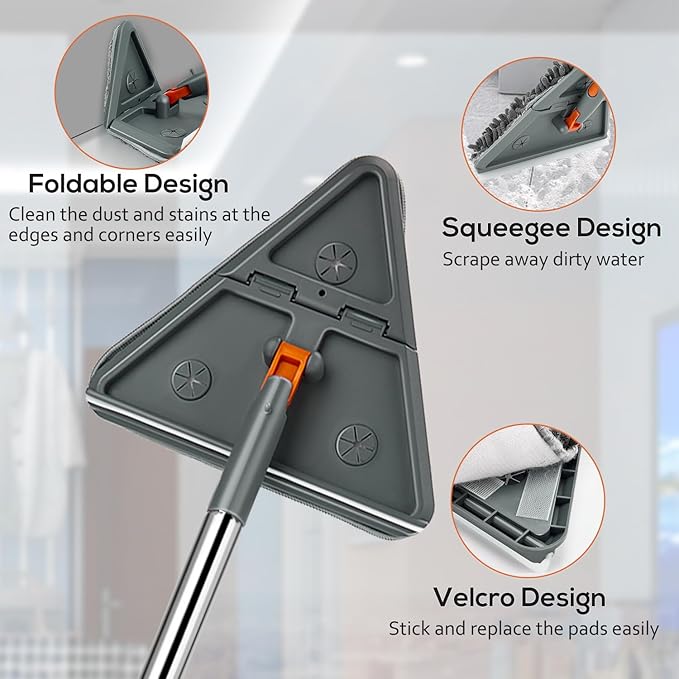 Base Board Cleaner Tool,Wall Cleaning Mop with 360° Rotation, 180° Folding Ceiling Duster Tool , Adjustable Long Handle for Effortless Walls, Window,Floor - 8 Replacement Cleaning Pads
