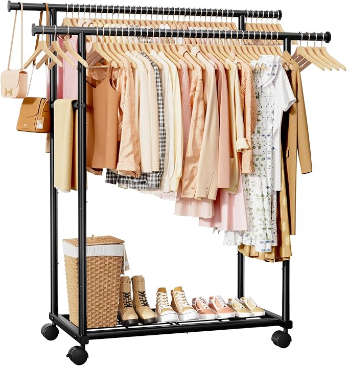Metal Clothes Rack - Double Rod Clothing Rack with Fixed Extension Rod & Universal Wheels, Coat Rack with Built-In Shelf for Closet Organizers and Storage (45.6" x 16.9" x 61.0", Black)