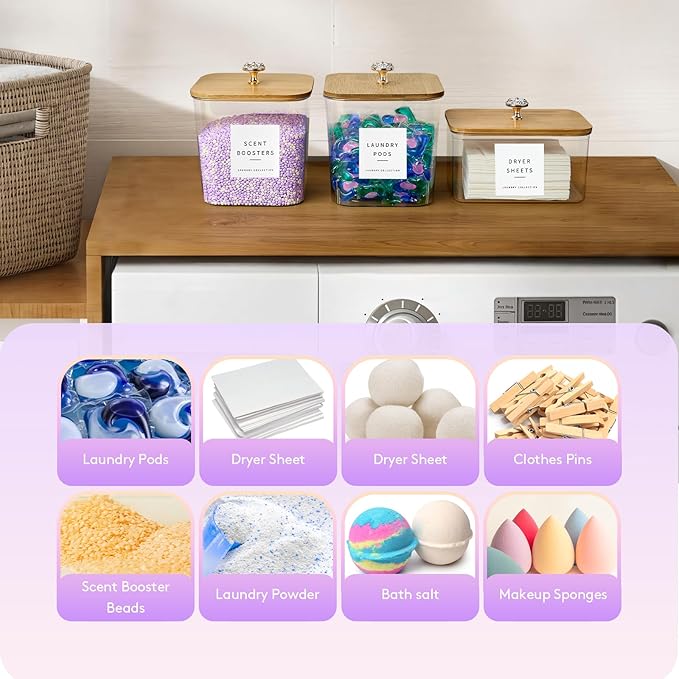 3 Pack Laundry Room Organization Storage Containers Acrylic Laundry Pod Containers and Dryer Sheet Holder with Lids and Labels for Laundry Detergent Laundry Pods Dry Sheet Organizing