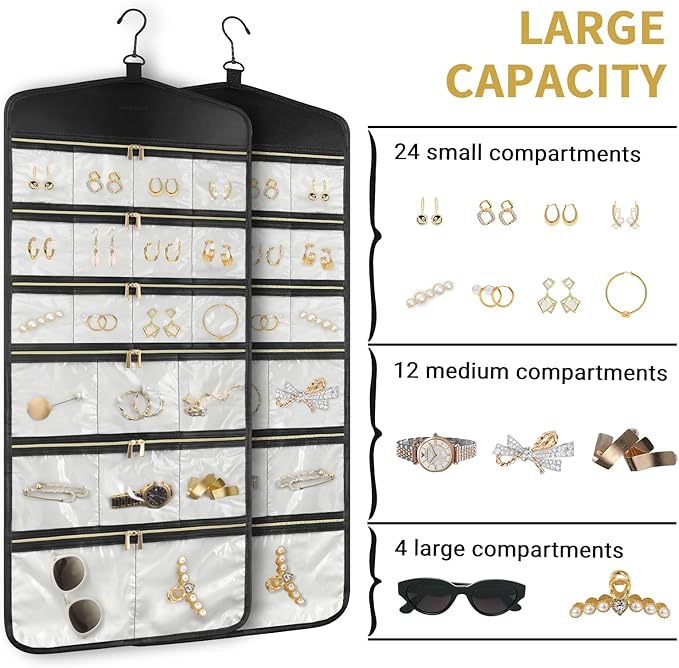 CHICECO Hanging Jewelry Organizer With Zippered Pockets,40 Pockets Travel Jewelry Organizer Storage for Cloest,Wall,Door (Beige)