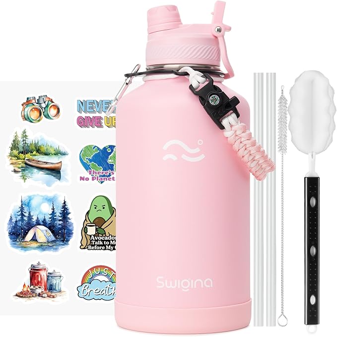 [2-IN-1 LID] 64 oz Insulated Water Bottle with Silicone Boot (48hrs Cold/24hrs Hot) - DIY Stickers, Leakproof, BPA Free, Half Gallon