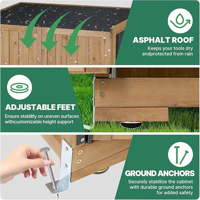 Outdoor Storage Cabinet, Tall Tool Garden Cabinet with Weather-Resistant Roof, Double Lockable Doors, 3 Removable Shelves & Adjustable Feet, for Patio, Garden, Backyard, 32" x 15.5" x 66"