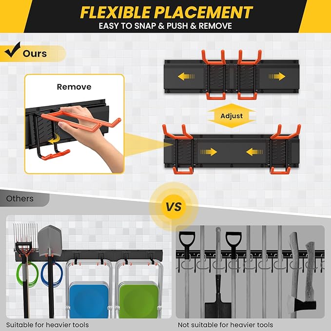 Garage Storage Organization Wall Mount, Garden Tool Organizer 48 Inches, Adjustable Heavy Duty Metal Hooks, Yard Tool Organizer Hold Up to 450lbs, Hanging Rake Broom Mop Snowboard (48 inch)
