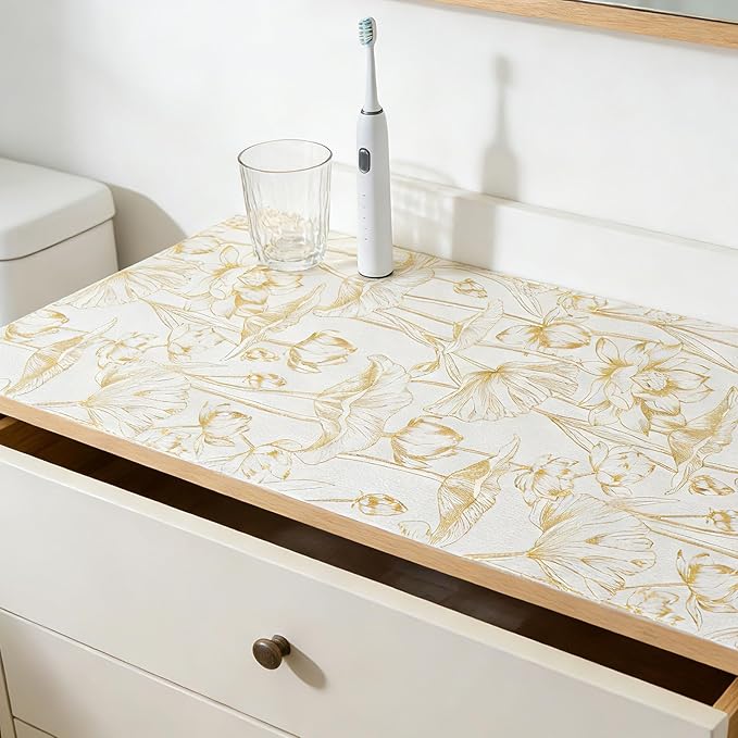 Shelf Liners Non Adhesive Light Base Gold Lotus Pattern - Thickened Non-Slip Easy to Clean Drawer Liner for Kitchen Cabinets, Tool Box, Refrigerator, with Knife & Tape Measure, 17in x 30FT