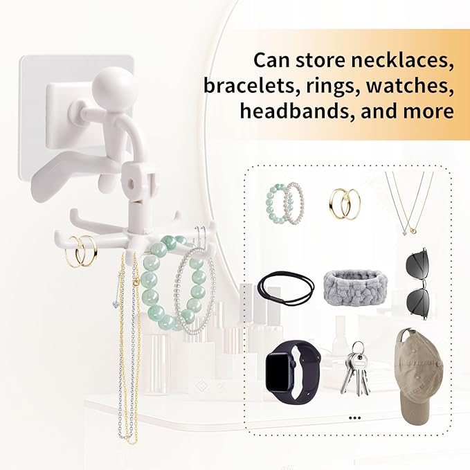 2 PCS 360°Rotating Hanging Jewelry Organizer for Storage Necklace, Bracelets, Watches, Rings, Self-Adhesive Necklace Holder Organizer for Wall, Closet and Door, Bathroom, White