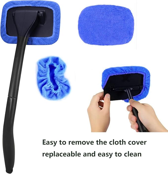 desin Car Windshield Cleaning Tool, Windshield Cleaner with 5 Washable and Reusable Microfiber Pads and Extendable Handle, for Auto Glass Wiper (Blue)