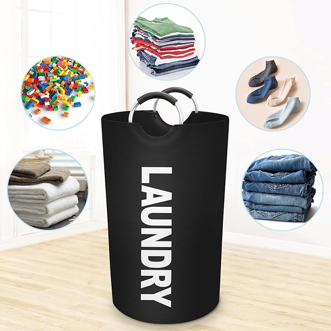 StorageRight 75L Large Laundry Basket, Laundry Hamper, Dirty Clothes Hamper for Laundry, Collapsible, Waterproof Laundry Baskets with Foam Protected Aluminum Handles for Laundry, Dorm, Family (Black)