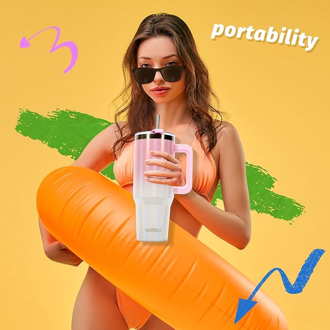 30 oz Shiny Tumbler with Handle,Tumbler with Lid and Straw,Double Wall Insulated Cup Stainless Steel Travel Mug(Cold for 34 Hours),Water Bottle for Iced Tea,Coffee,Cold Beverages(Pink)