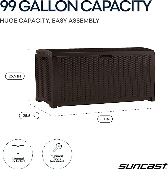 Suncast DBW9200 99 Gallon Outdoor Wicker Plastic Patio Storage Chest Bin with Handles for Patio, Garden, Garage, or Pool for All Weather, Mocha