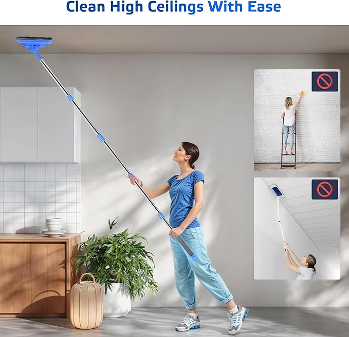 DSV Standard Wall Mop, 77 Inches Long Handle Wall Cleaner with Squeegee, 3-in-1 Wall Cleaner Mop with 3 Microfiber and 3 Chenille Pads, 360° Wall Cleaning Tool for Ceiling, Baseboard, Window, Floor
