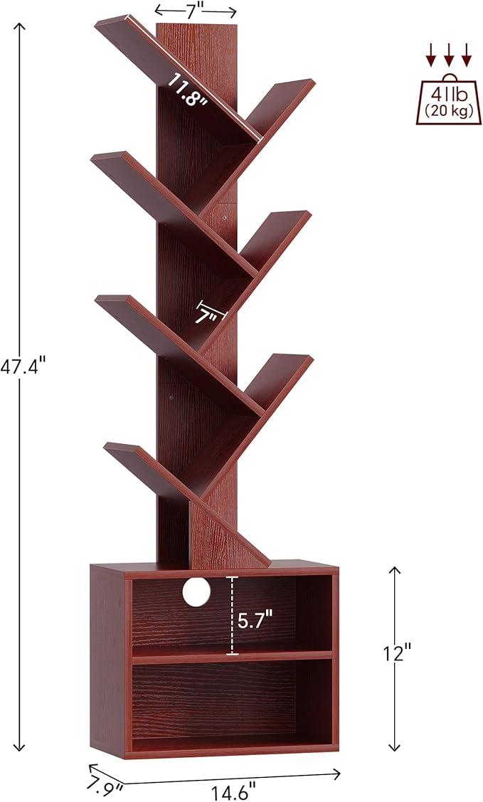 SUNMORY 6 Tier Tree Bookshelf, Tall Bookcase with Storage Cabinet, Modern Narrow Bookshelves Organizer, Floor Standing Book Shelf for Bedroom/Living Room/Home Office/Corner, Cherry