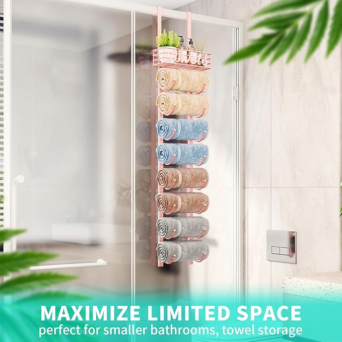 HapiRm Towel Racks for Bathroom Storage - 9 Tier Over The Door & Wall Mount Rolled Towel Storage Organizer Holder with Metal Shelf Basket for Small Bathroom, Camper, Rv - Pink, Patented