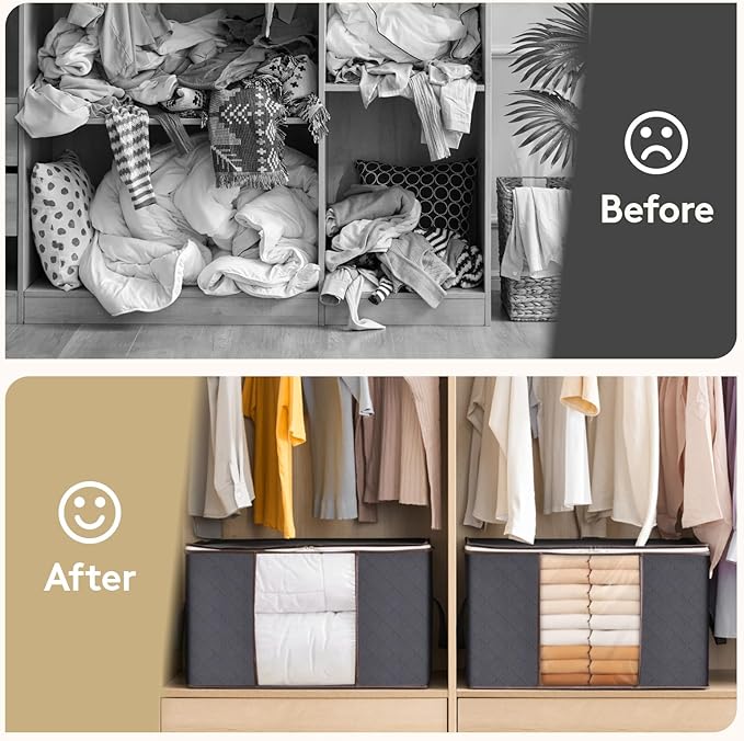 Lifewit 10 Pack 90L Clothes Storage Bins with Lids, Foldable Blanket Storage Bags with Zippers, Clear Window and Reinforced Handles, Closet and Organization for Clothing, Sweater, Comforter, Bedding