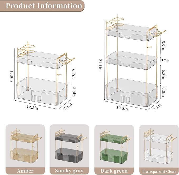 3 Tier Bathroom Organizer Countertop Makeup Perfume Tray Skincare Organizer Comes with Hair Dryer Rack and Toothbrush Holder for Bathroom Dresser Vanity (White)