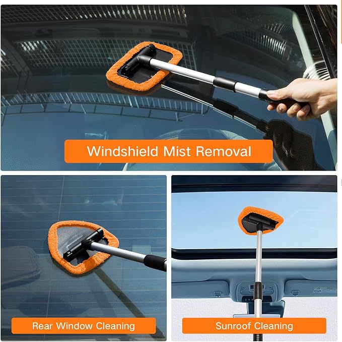 11pcs Windshield Cleaner Tool, Car Window Cleaning Wash Kit with 6 Reusable Microfiber Pads 2 Spray Bottles and Extendable Handles Auto Glass Wiper Kit, Orange
