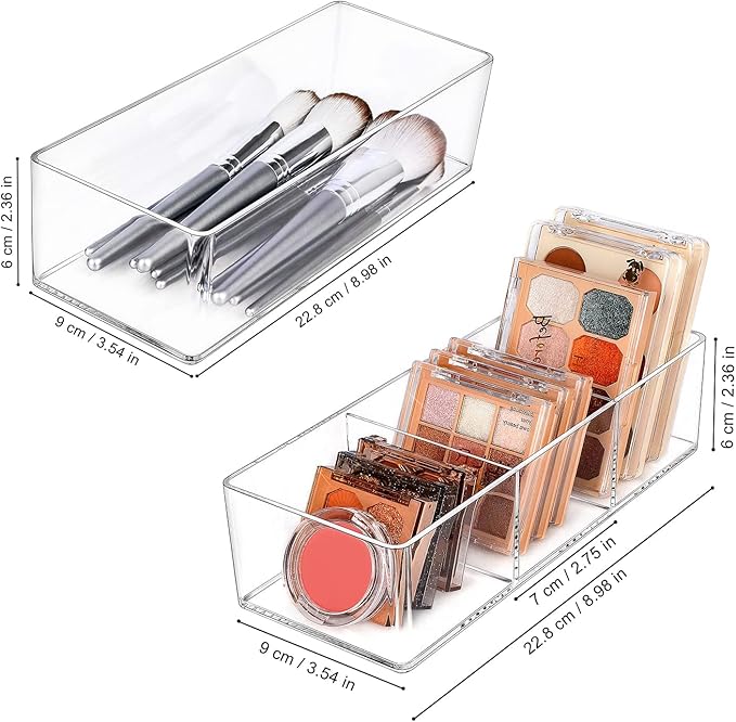 JessLab Acrylic Organizer, 2PK Cube Sections Makeup Organizer for Drawer, Makeup Organizer for Vanity, Countertop, Bathroom, Kitchen and Cabinet Storage(1+3 Compartment)