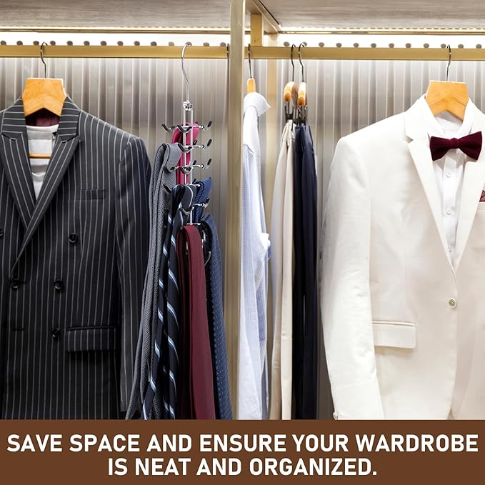 Kathfly 3 Pcs Swivel Tie with Belt Hanger Chrome Tie & Belt Hanger Organizer Black 360 Degree Swivel Space Saving Storage Holder with Non-Slip Sleeve for Men, 26 Hooks