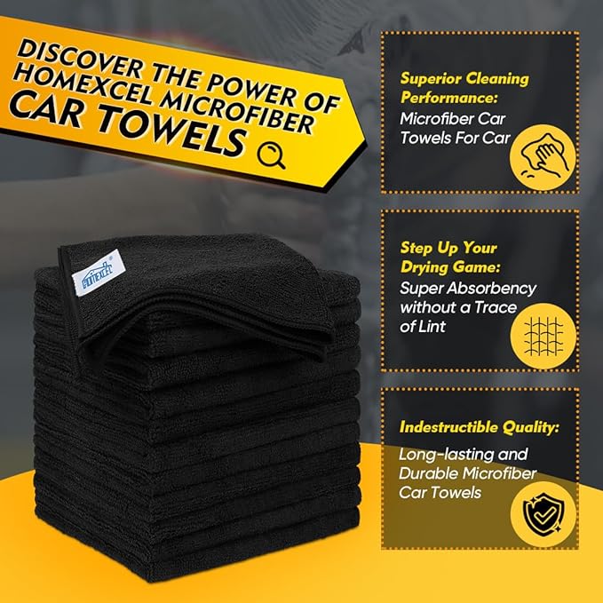HOMEXCEL Black Microfiber Cleaning Cloth 50 Pack, 12.5 x 12.5 inch Microfiber Towels for Cars, Ultra Absorbent Car Washing Cloth, Lint Free Streak Free Cleaning Rags for Car, Kitchen, and Window
