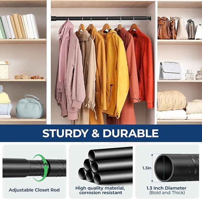 Mavivegue Closet Rod, 17 to 28 Inch Adjustable Closet Rods for Hanging Clothes, Heavy Duty Tension Rod, Black Curtain Rod, for Closet, Wardrobes, Bathroom, Laundry